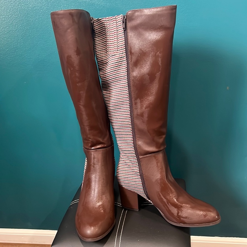 NEW- brown faux leather,red,burgundy plaid,knee high boots. Wonderfully chic